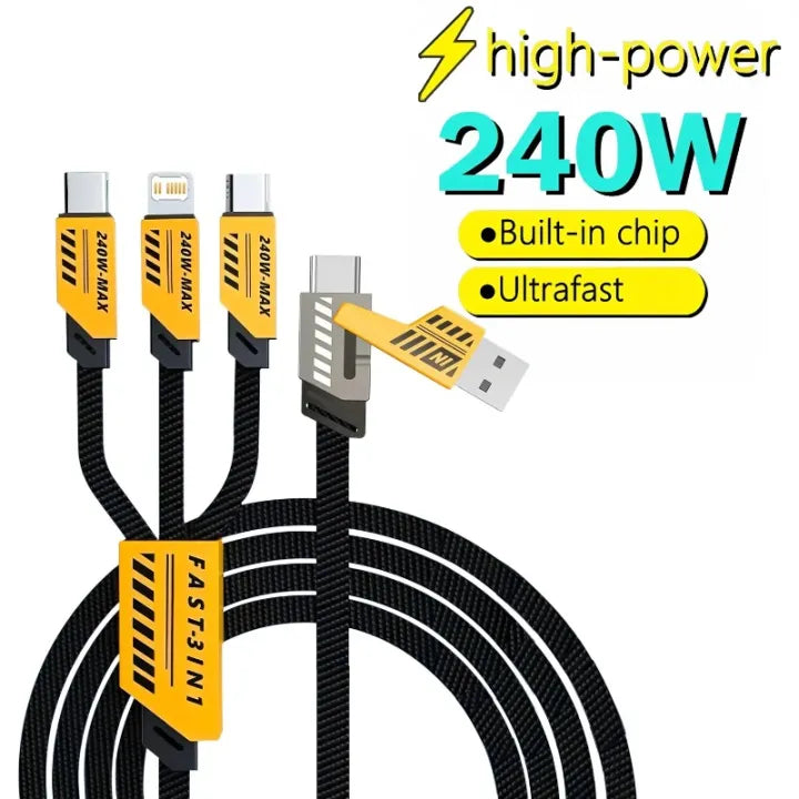 240W 3-in-1 Fast Charging Cable | Type-C, Micro USB & iPhone Charger