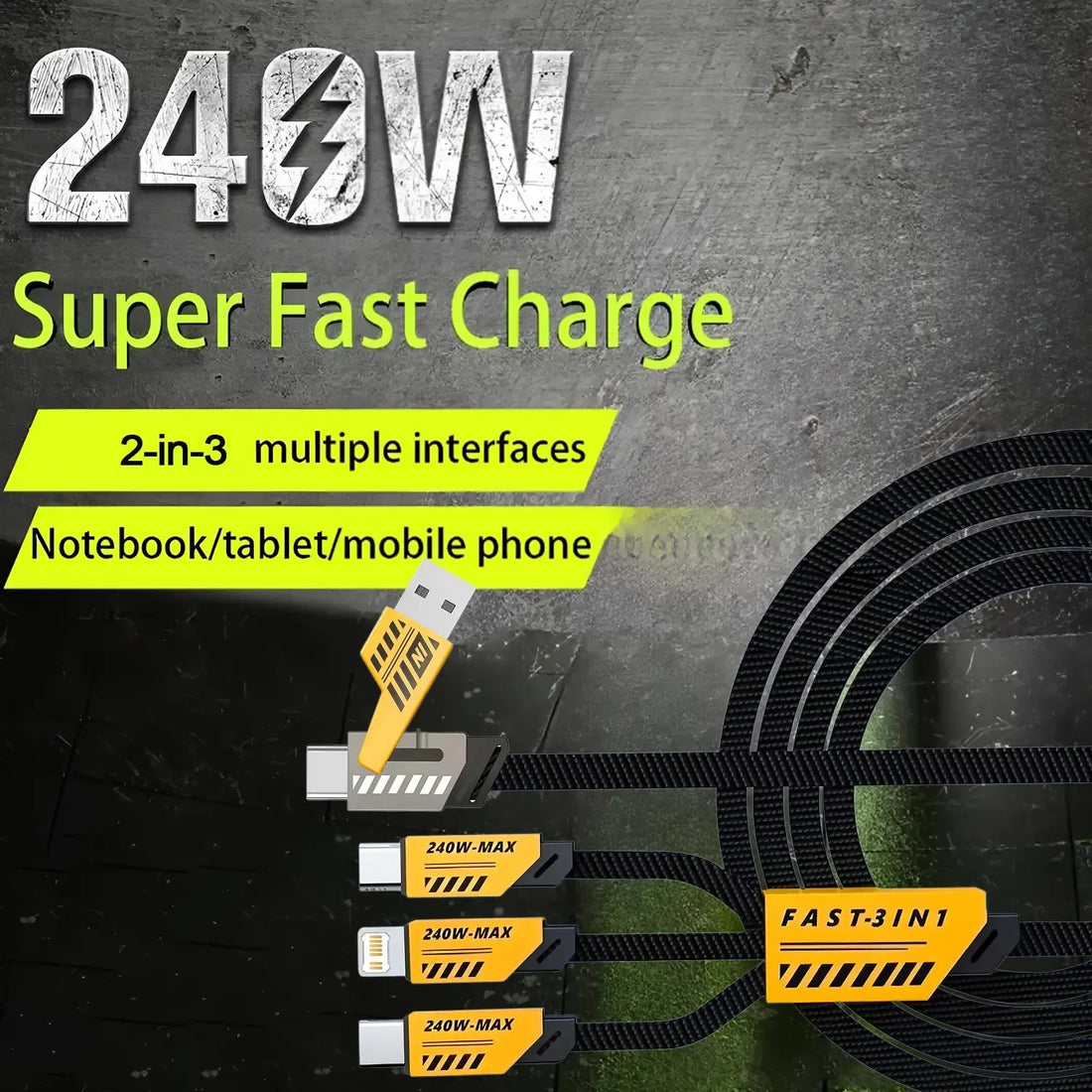 240W 3-in-1 Fast Charging Cable | Type-C, Micro USB & iPhone Charger