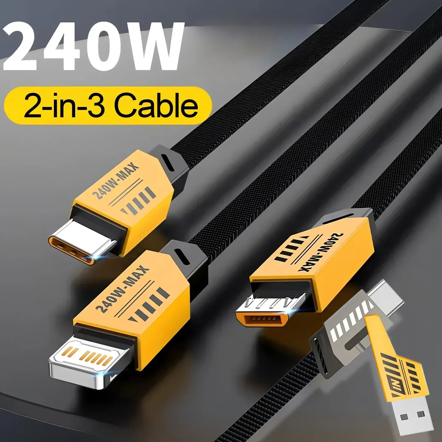 240W 3-in-1 Fast Charging Cable | Type-C, Micro USB & iPhone Charger
