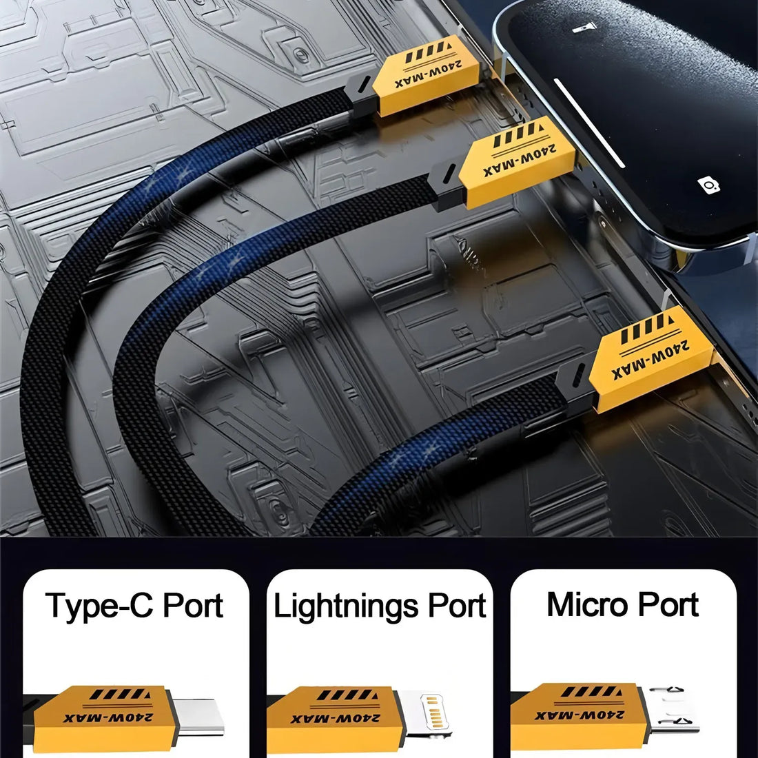 240W 3-in-1 Fast Charging Cable | Type-C, Micro USB & iPhone Charger